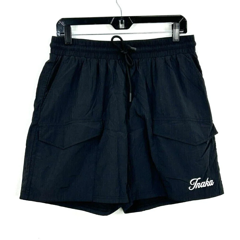 Inaka Power Mens Sz XL Nylon Black Cargo Short 5 Inch Logo Pockets Drawstring U3